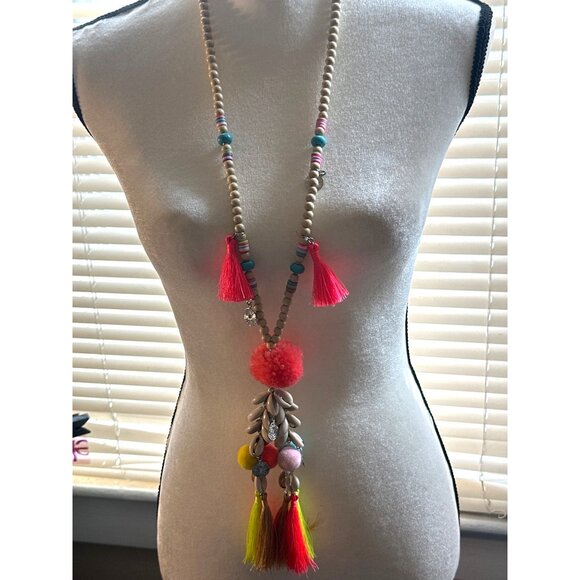 Vibrant Boho Long Tassel Necklace Cowrie Shells Pom Poms Beads Statement - Picture 8 of 9